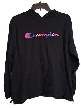 Champion Black Hooded Long Sleeve Shirt Pullover Pastel Logo - Size Large